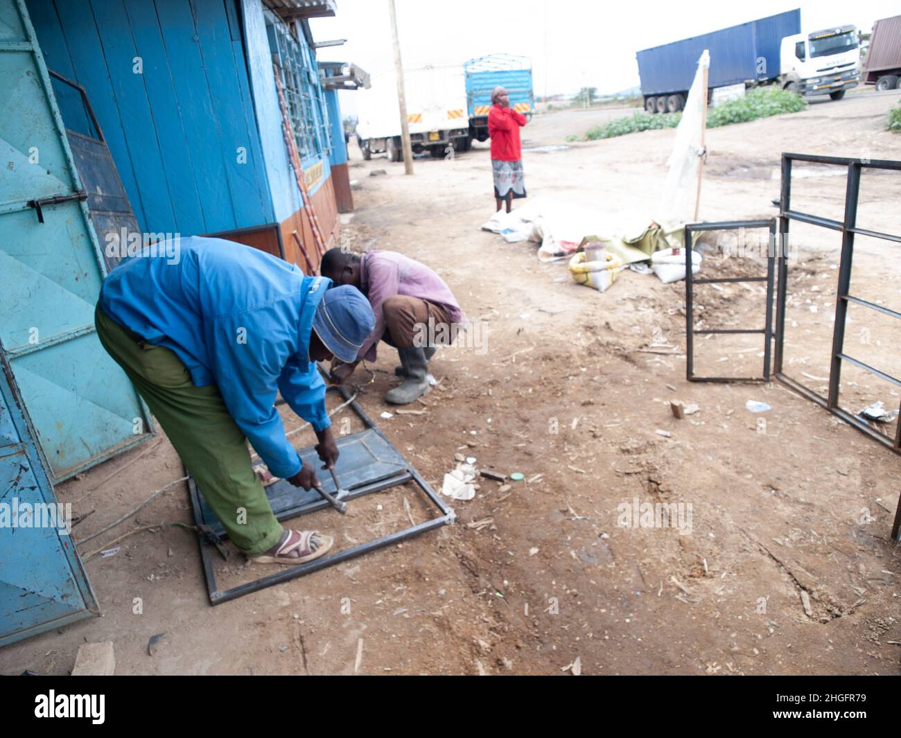 Street welding business, window frames in Kenya, Africa Stock Photo Alamy