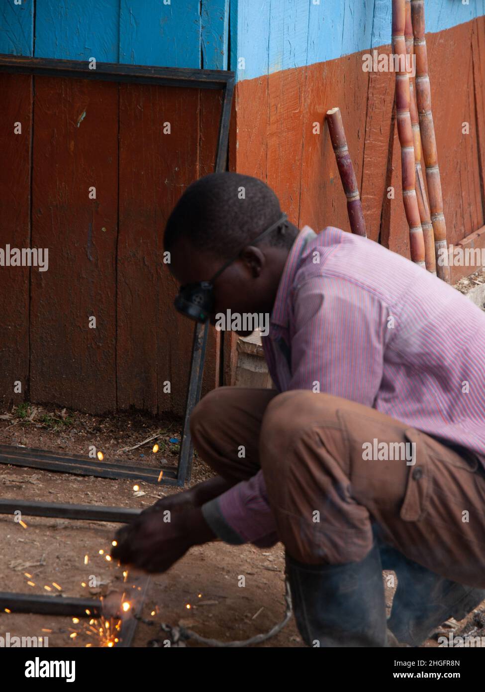 Street welding business, window frames in Kenya, Africa Stock Photo Alamy