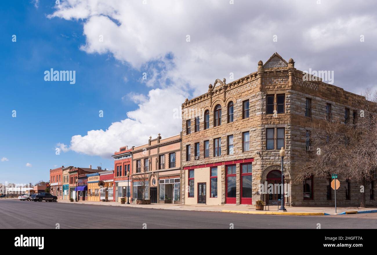Raton, NM - APRIL 6:  Empty main street and store fronts in Raton on April 1, 2016. Raton NM is a railway stop on the Southwest Chief corridor. Stock Photo
