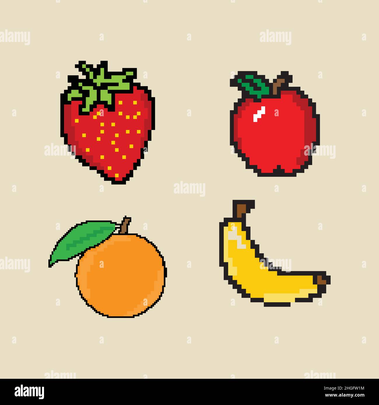Fruits pixel art icons set apple orange strawberry banana isolated vector illustration.EPS 10 Stock Vector