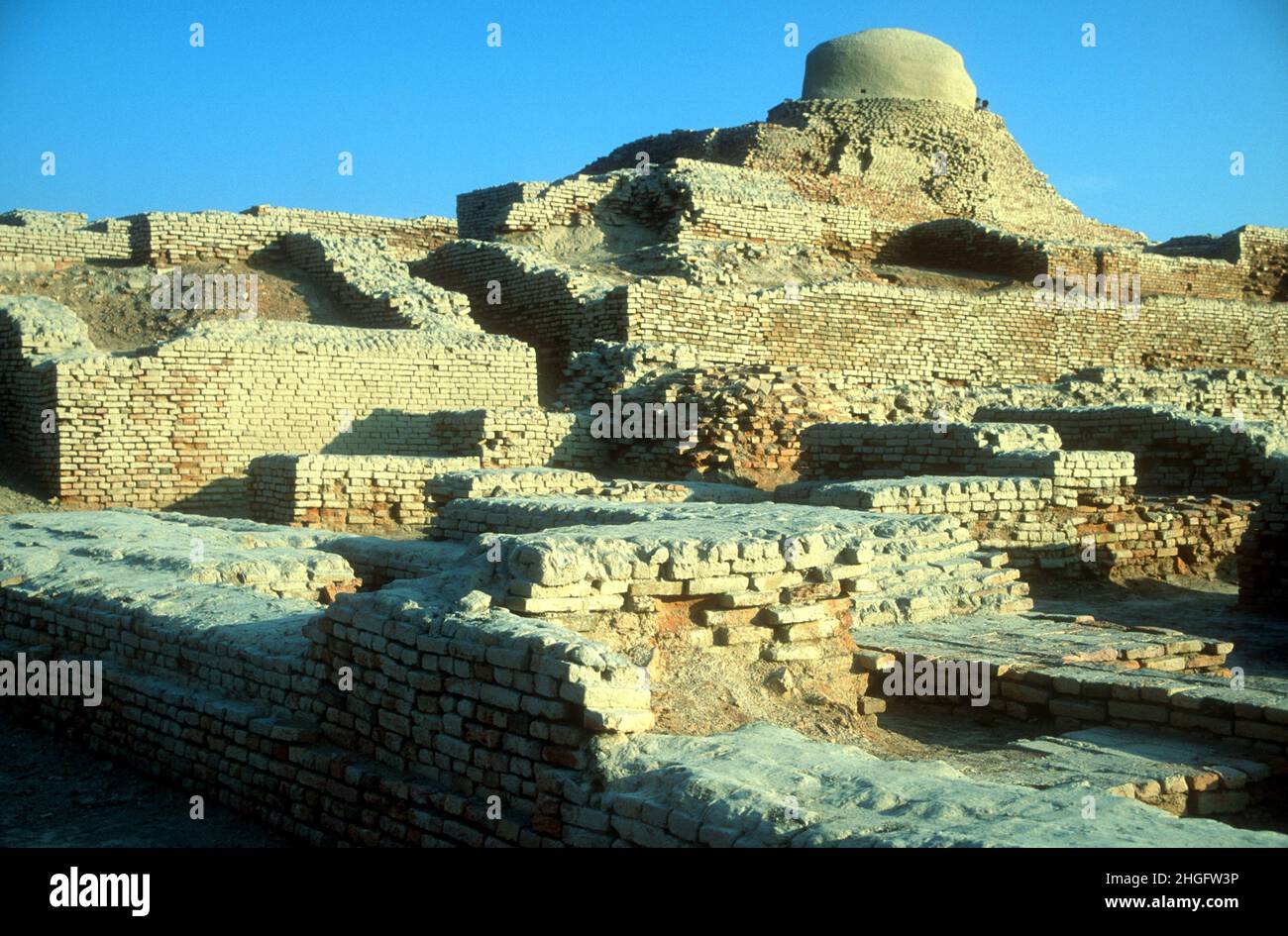 Buddhist stupa (150–500 CE) built on the ruins of Mohenjodaro, ruined Indus Valley settlement c. 2500 BCE Pakistan Stock Photo