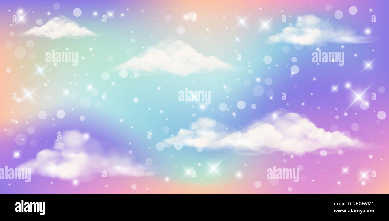 Holographic fantasy rainbow unicorn background with clouds and stars. Pastel color sky. Magical landscape, abstract fabulous pattern. Cute candy Stock Vector