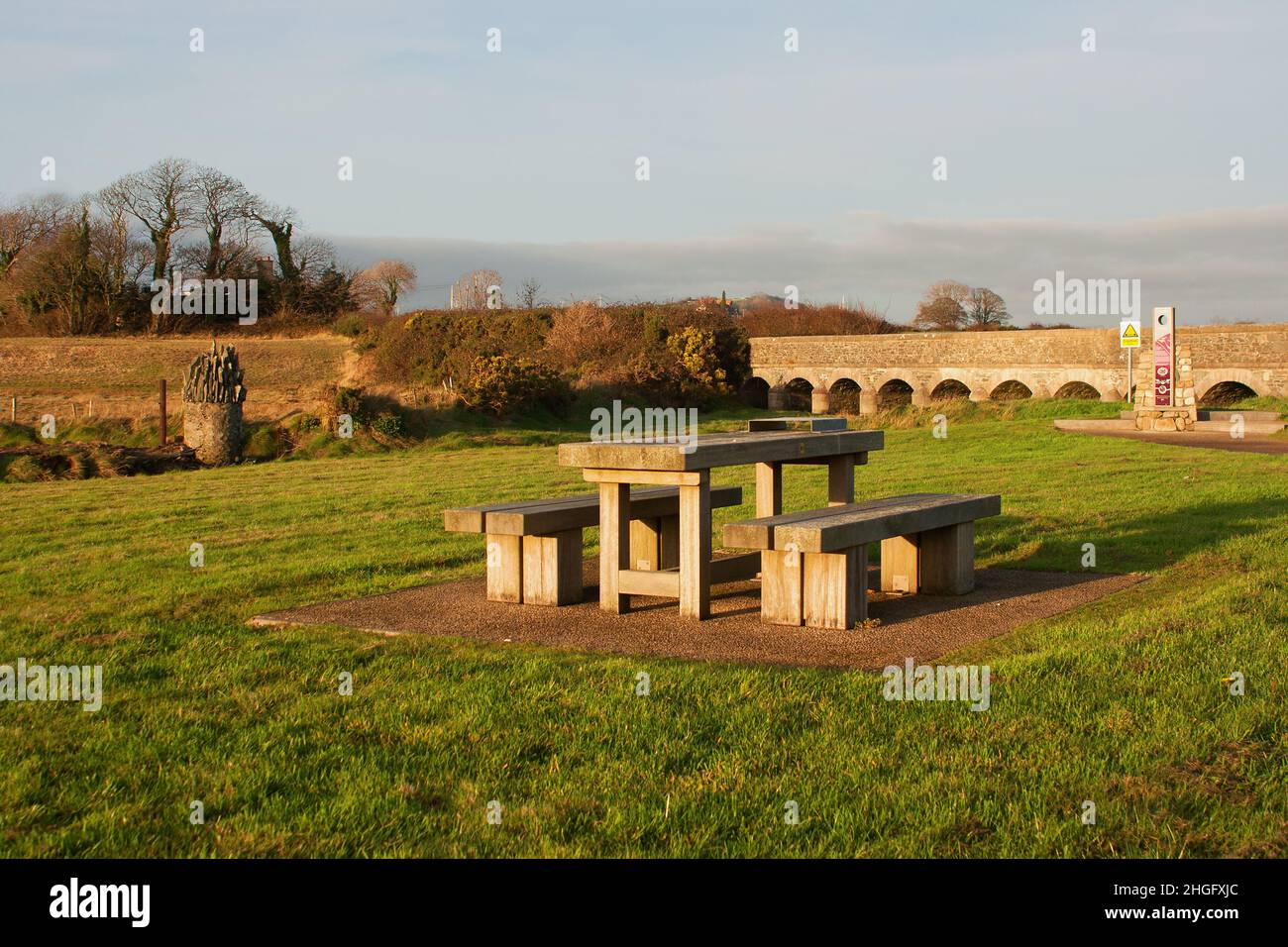 Picnic area with picnic table at the 12 Arches Bridge, Dundrum, County