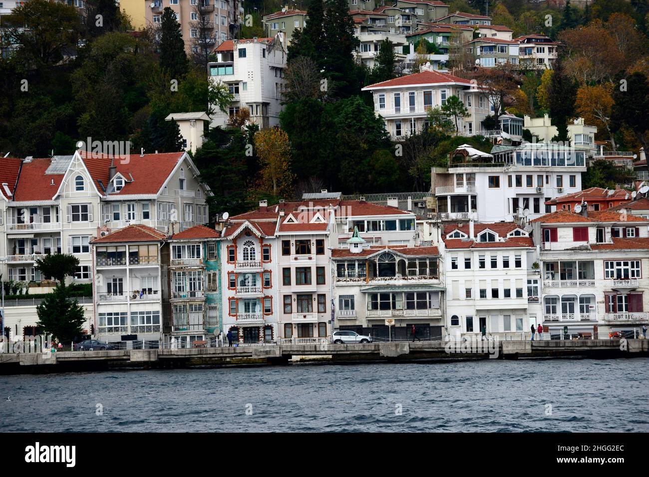 A view of Arnavutköy from the Bosphorus Strait in Istanbul, Turkey. Stock Photo