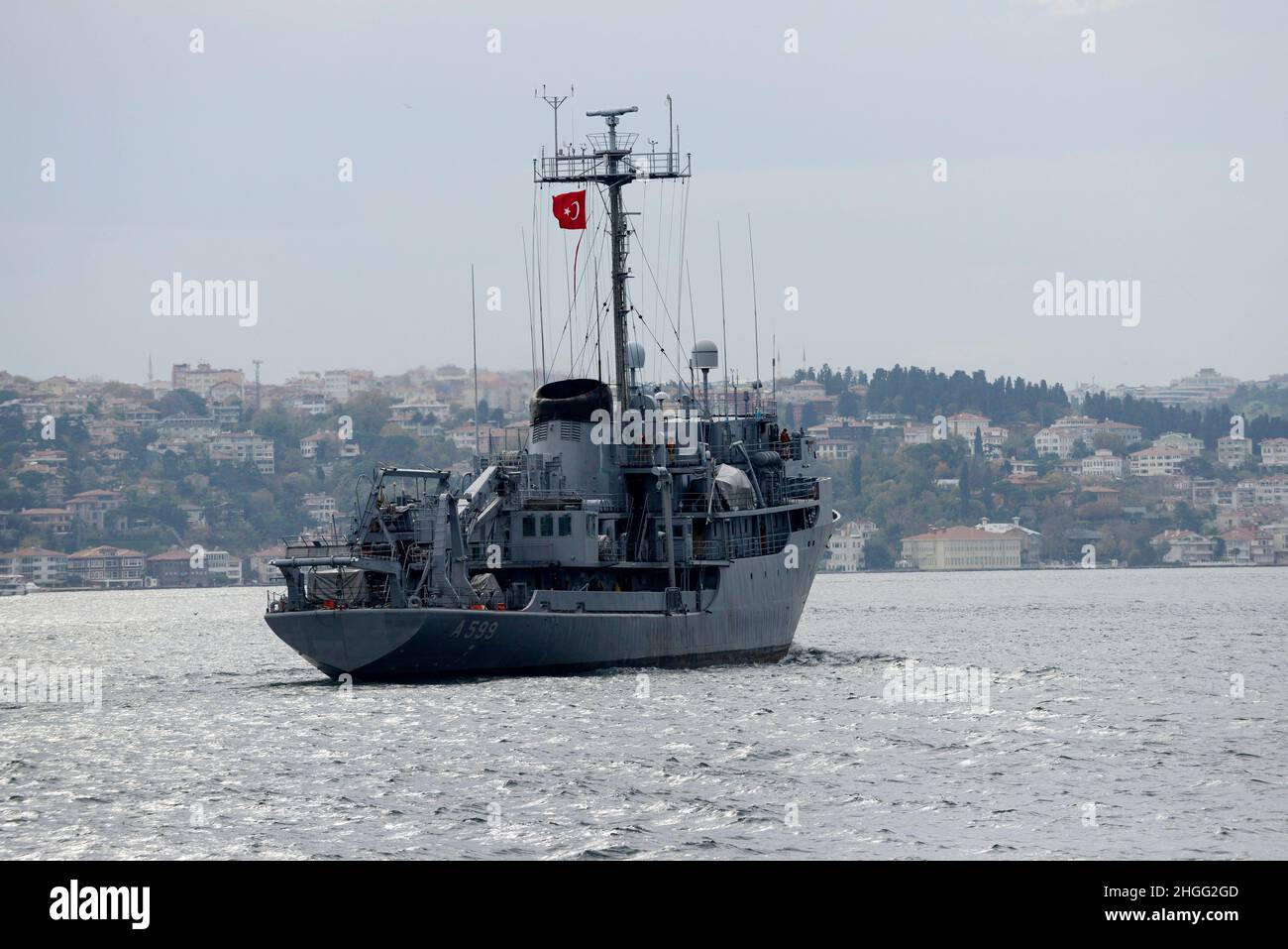 A Turkish navy ship crossing the Bosphorus strait in Istanbul, Turkey ...