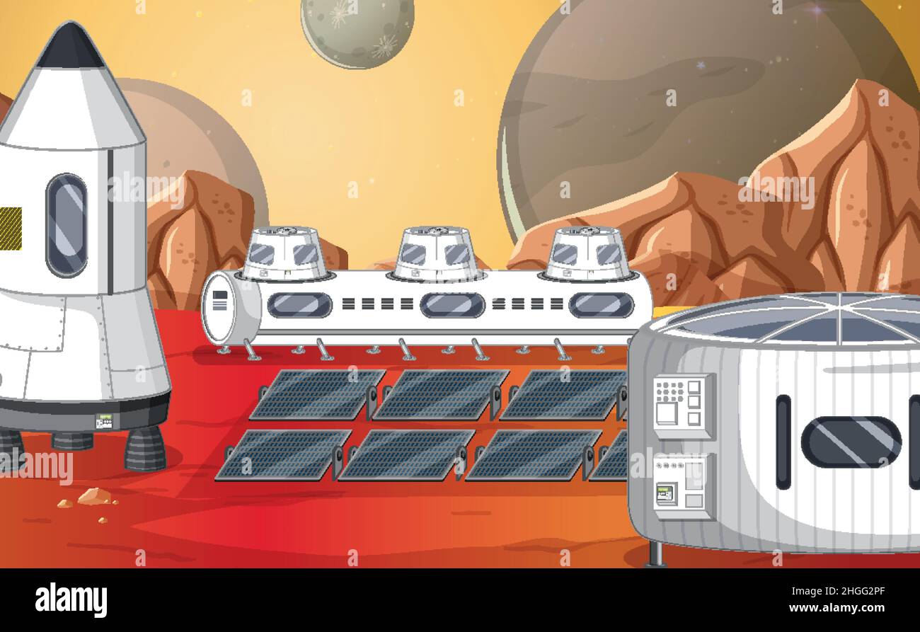 Landscape of planet surface with colony buildings illustration Stock ...