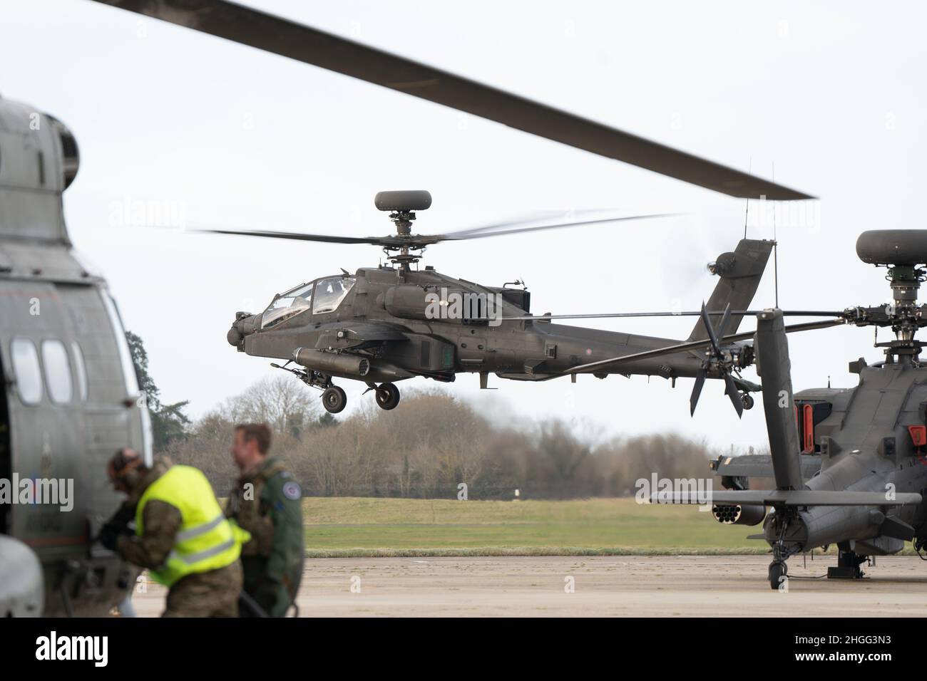 The army's Apache AH1 attack helicopter takes off from Wattisham Flying Station, Suffolk. Picture date: Thursday January 20, 2022. Stock Photo