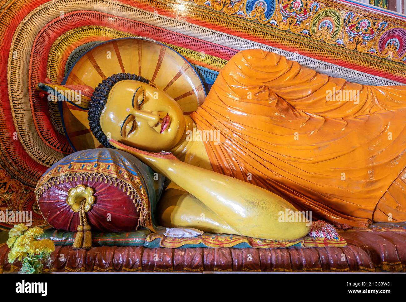 Reclining Buddha image at Asokaramaya Buddhist Temple, Colombo, Sri Lanka. Stock Photo
