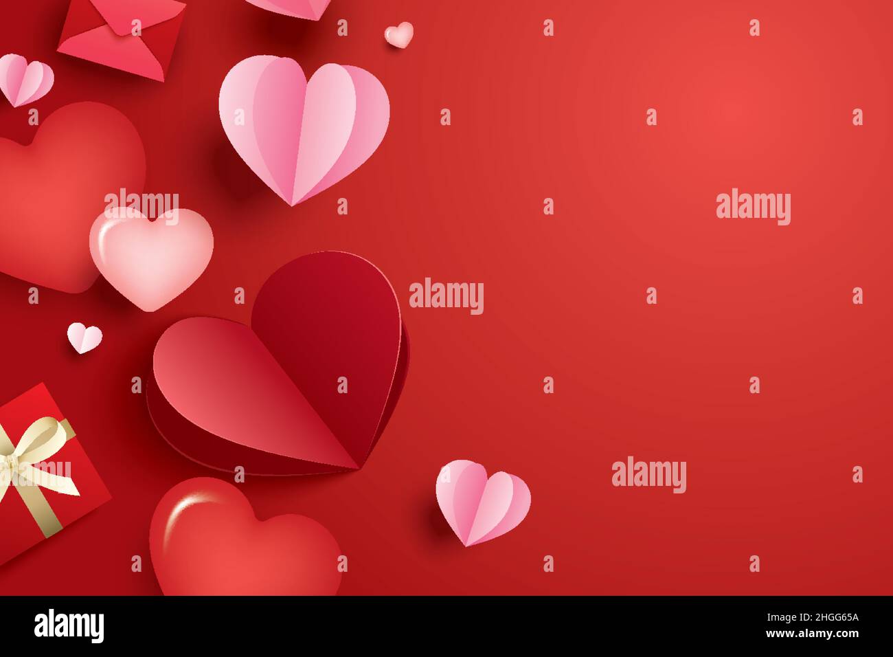 Happy valentines day with paper hearts and copy space on red background ...