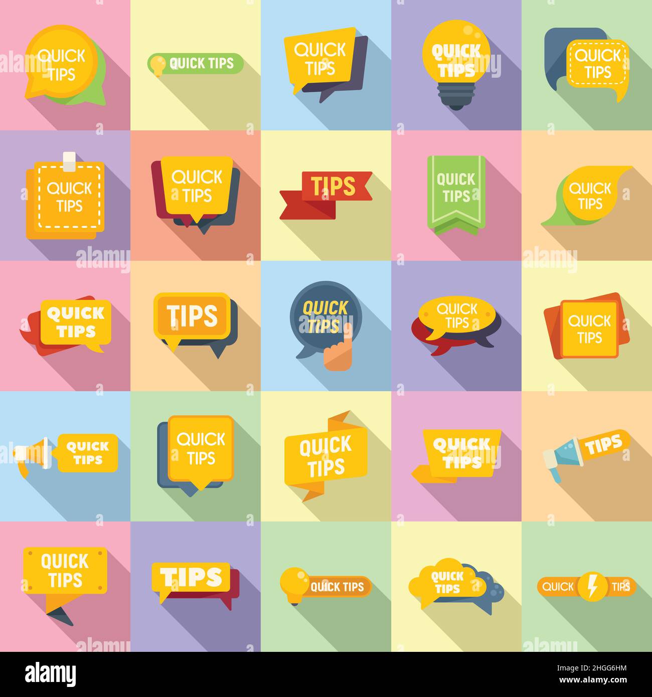 Tips icons set flat vector. Help information. Quick advice Stock Vector