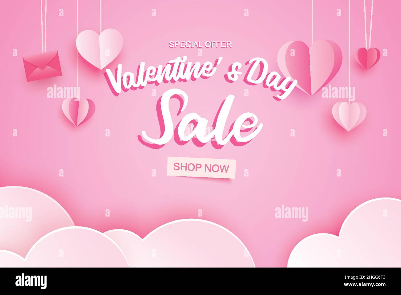 Valentines day sale banner template with heart hanging on pink pastel ...