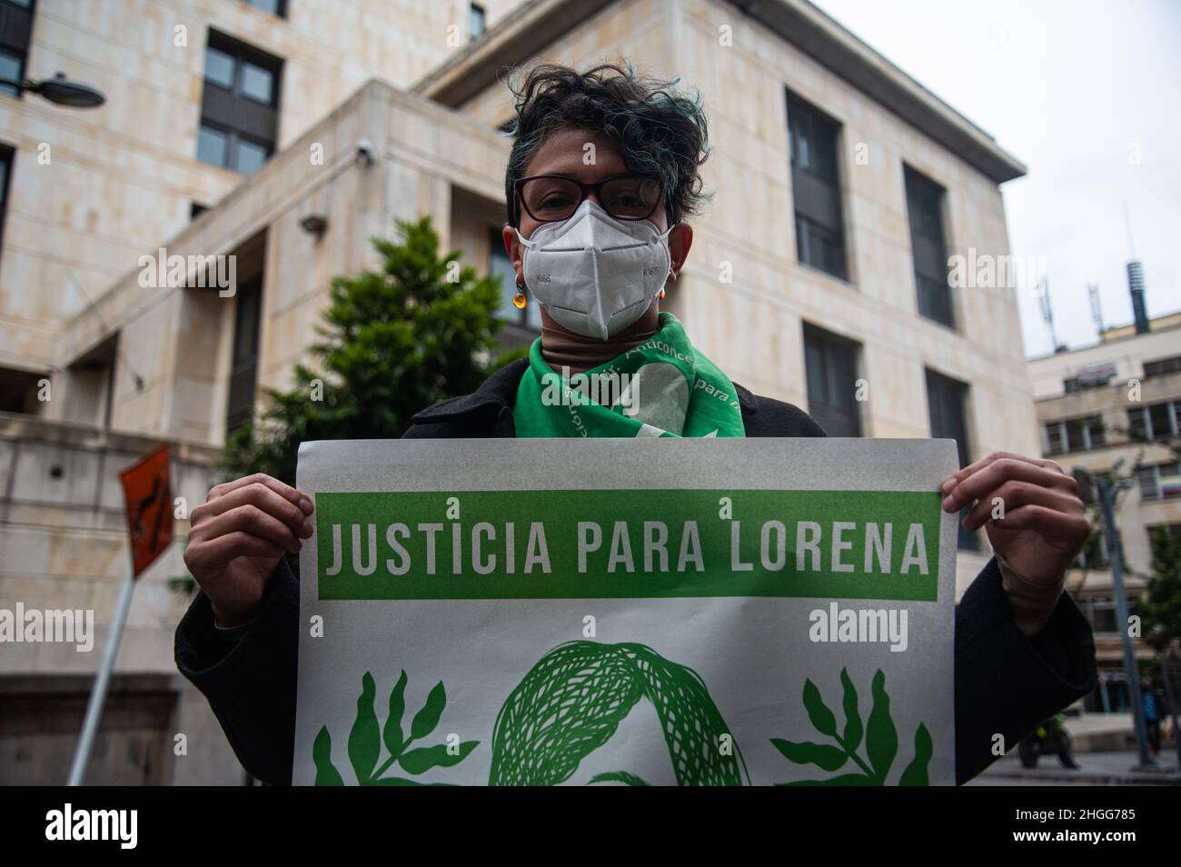 Women demonstrate in support of the decriminalization of Abortions outside the Colombian Constitutional Court house in Bogota, Colombia on January 20, Stock Photo