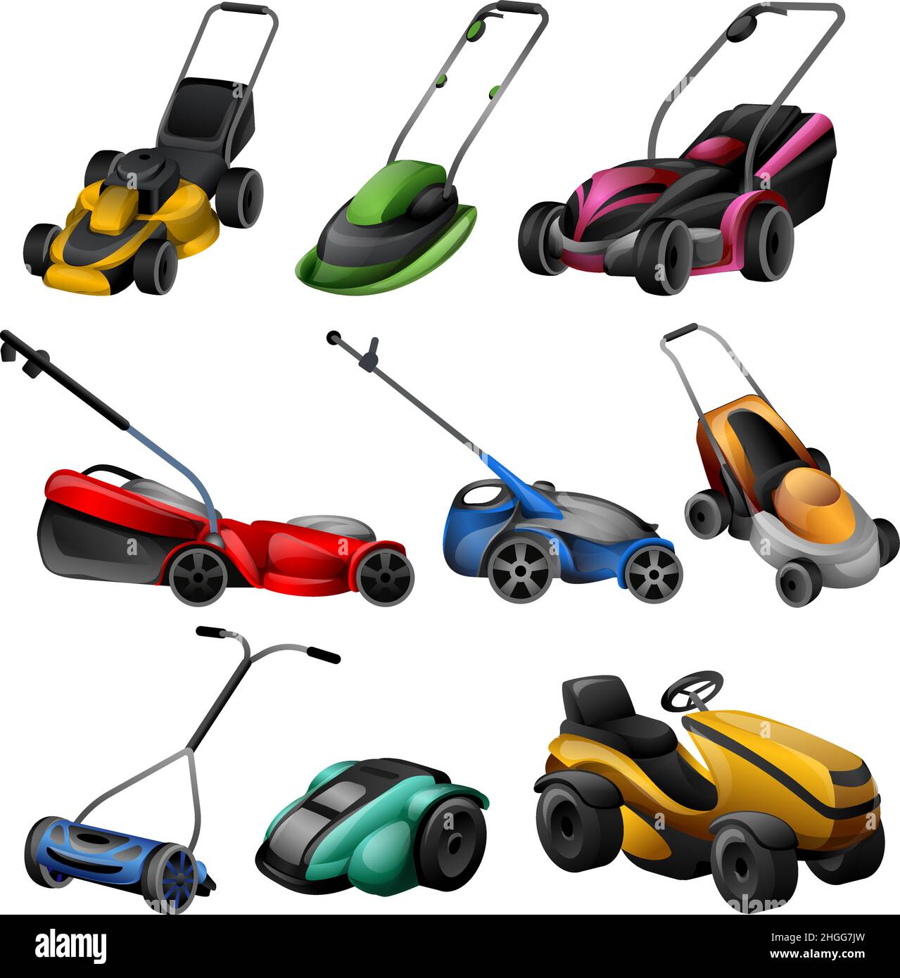 Lawnmower icons set cartoon vector. Roller lawn. Mower grass Stock Vector