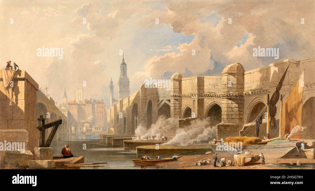 Edward William Cooke - Old and New London Bridge - circa 1833 Stock Photo