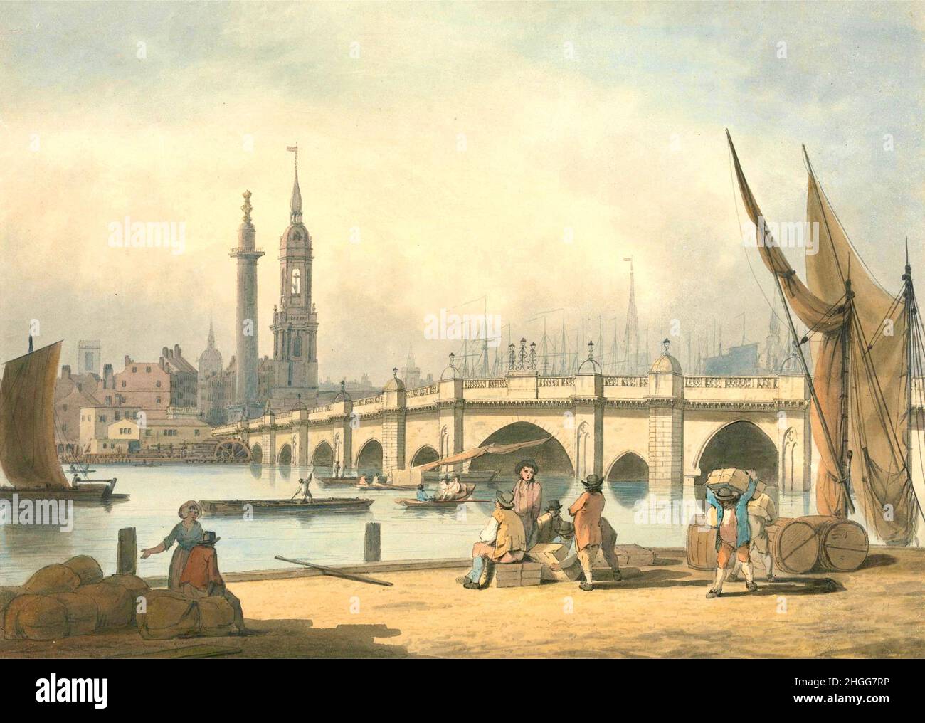 Fred Nicholson - London Bridge and the Monument - circa 1795 Stock Photo