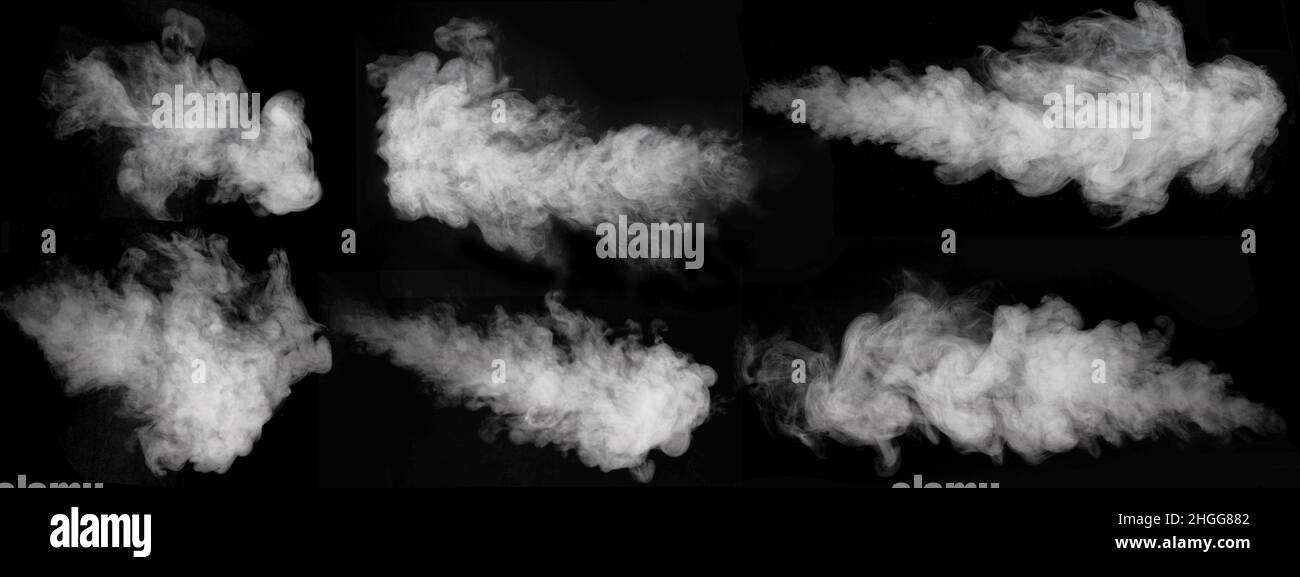 A set of six different types of swirling, wriggling smoke, vapor