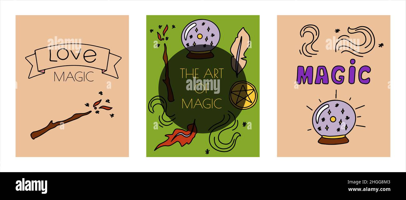 Magic hand drawn doodle banners. Vector icons of magic items ...