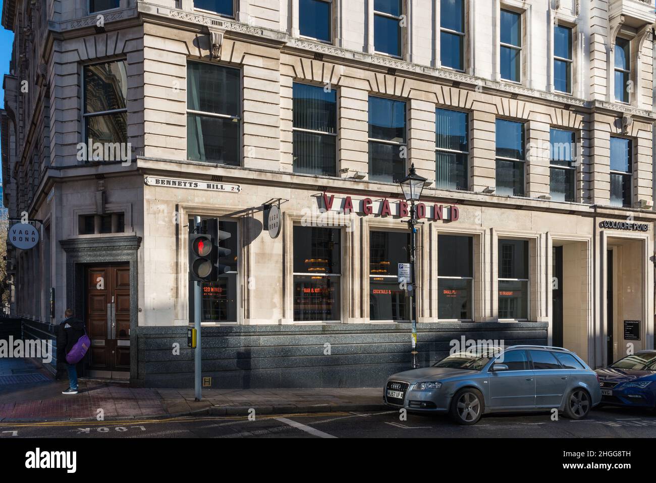 Vagabond wine bar on the corner of Colmore Row and Bennetts Hill in Birmingham Stock Photo