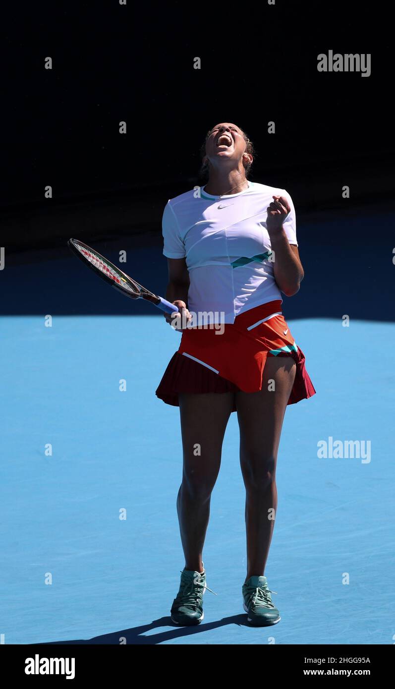Melbourne, Australia. 21st Jan, 2022. Madison Keys of the United States celebrates victory after