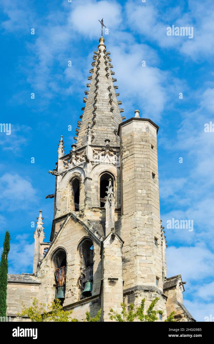 The spire and bell tower of St Pierre from Place Carnot, Avignon Stock Photo