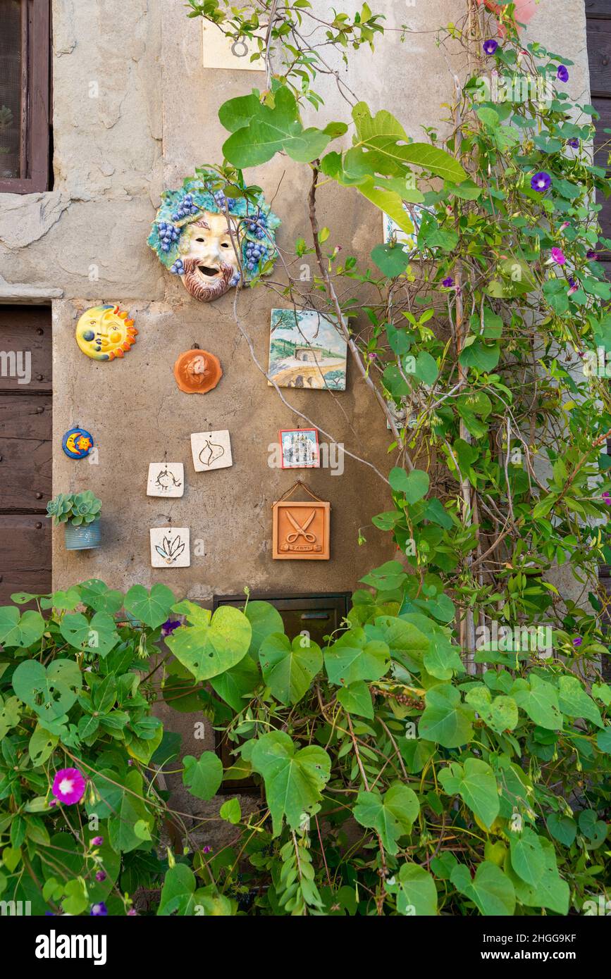 Wall covered with pretty plants and decorative plaques in a typical