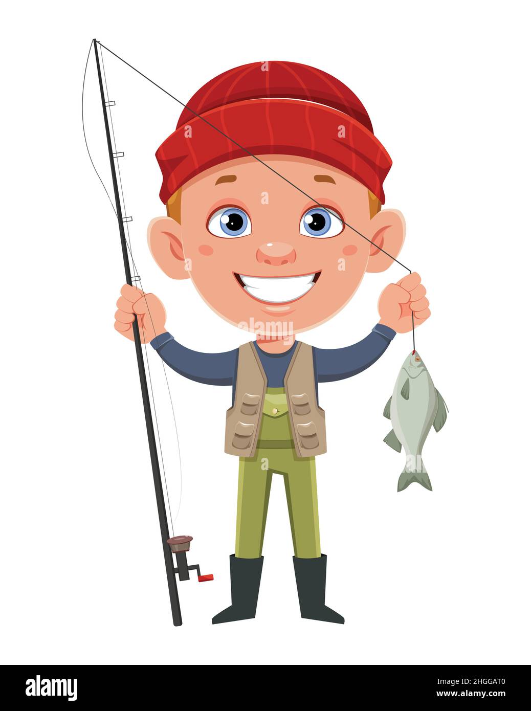 Fisherman with fishing rod and fish. Cheerful fisher cartoon