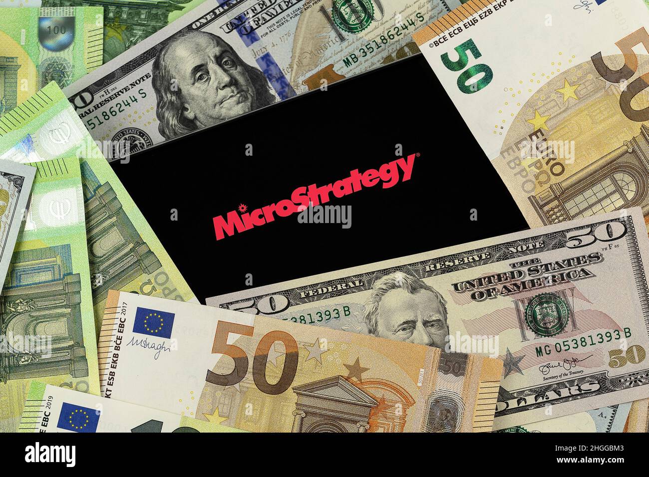MicroStrategy editorial. Illustrative photo for news about MicroStrategy - a company that provides business intelligence (BI), mobile software, and cl Stock Photo