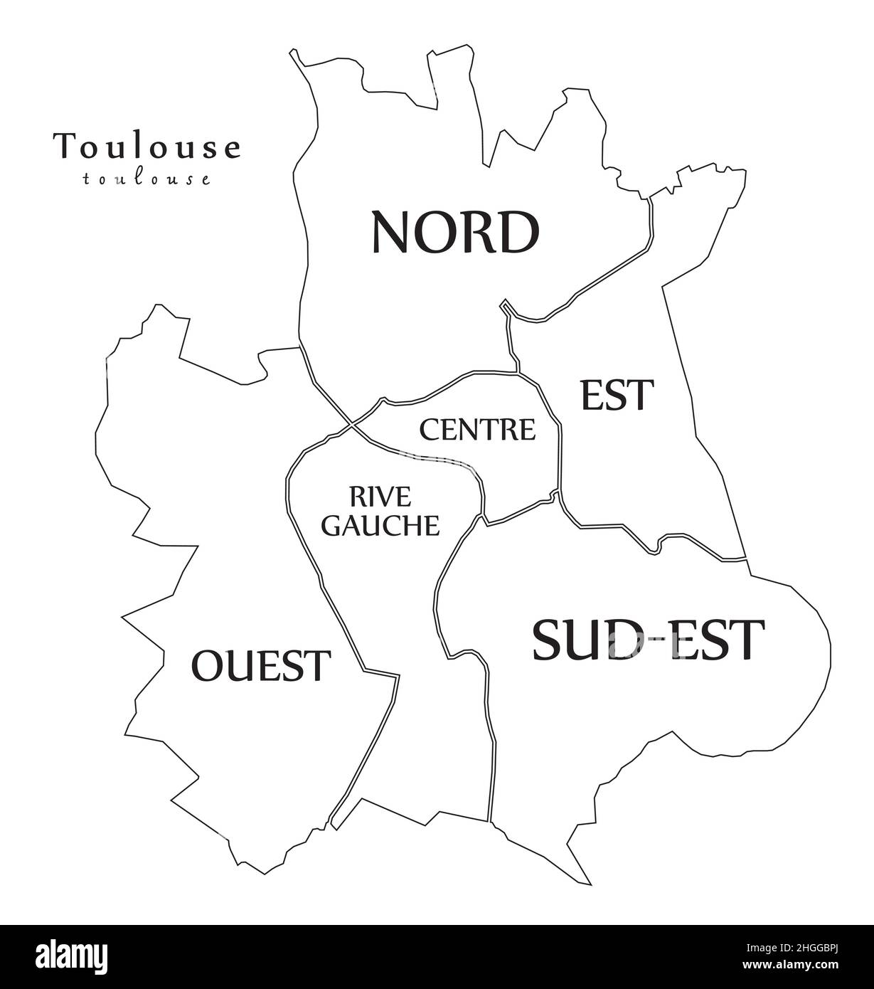 Toulouse city with boroughs and titles outline map Stock Vector