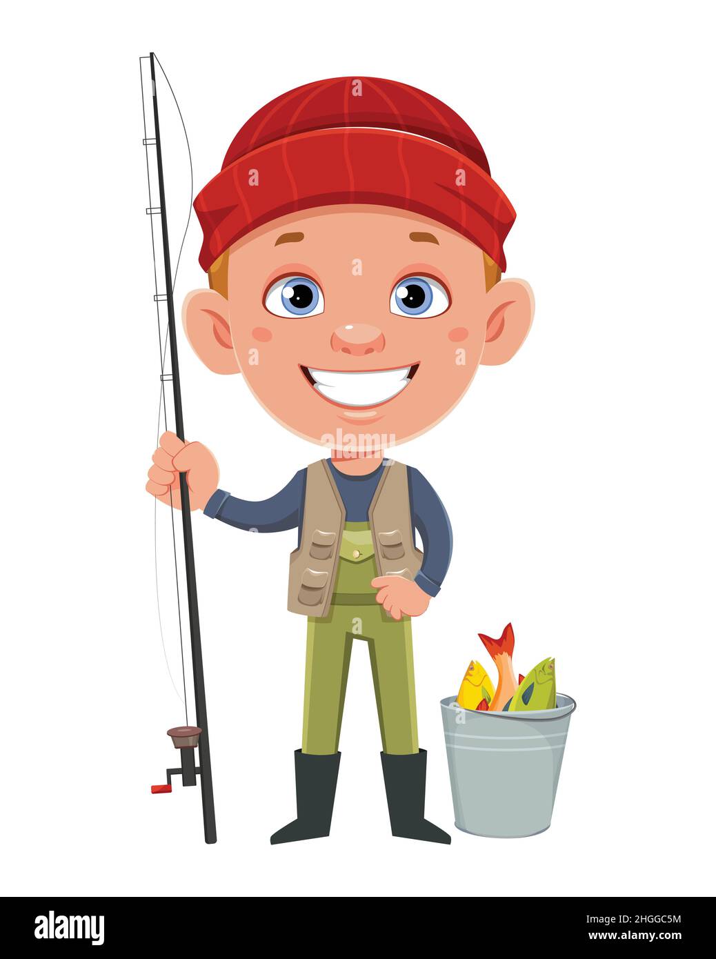 Fisherman stands with fishing rod and bucket with catch. Cheerful fisher  cartoon character. Stock vector illustration on white background Stock  Vector Image & Art - Alamy