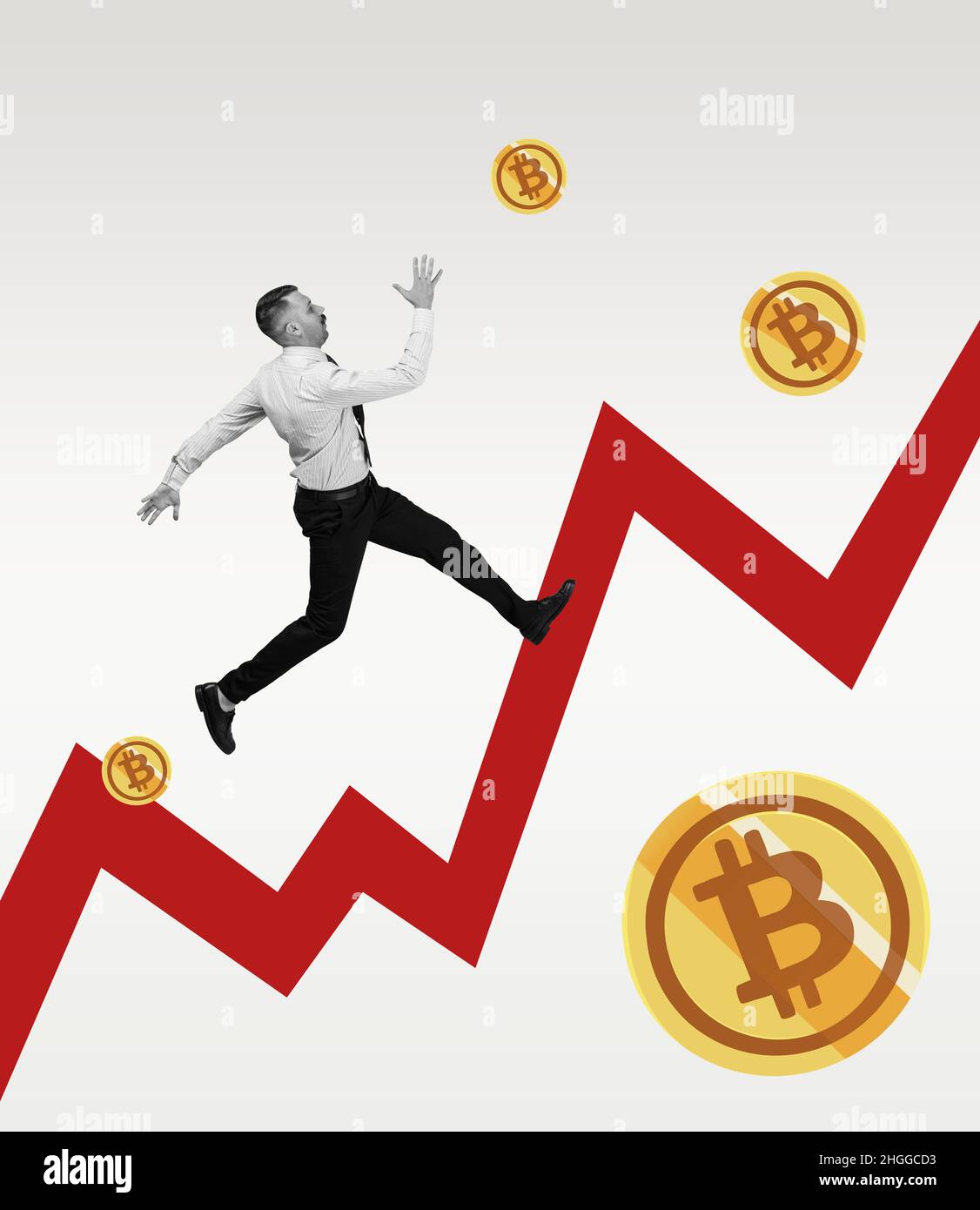 Young man, businessman running along cryptocurrency growth chart. Concept of finance, economy, professional occupation, business and career. Stock Photo