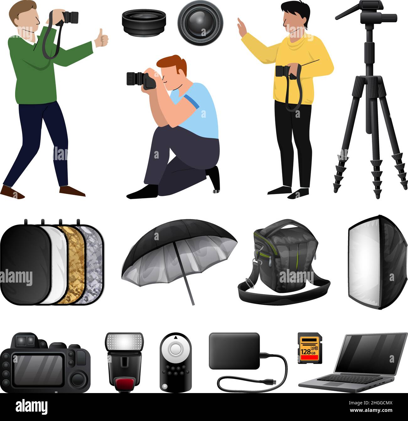 Photographer equipment icons set cartoon vector. Professional photo. Gear camera Stock Vector