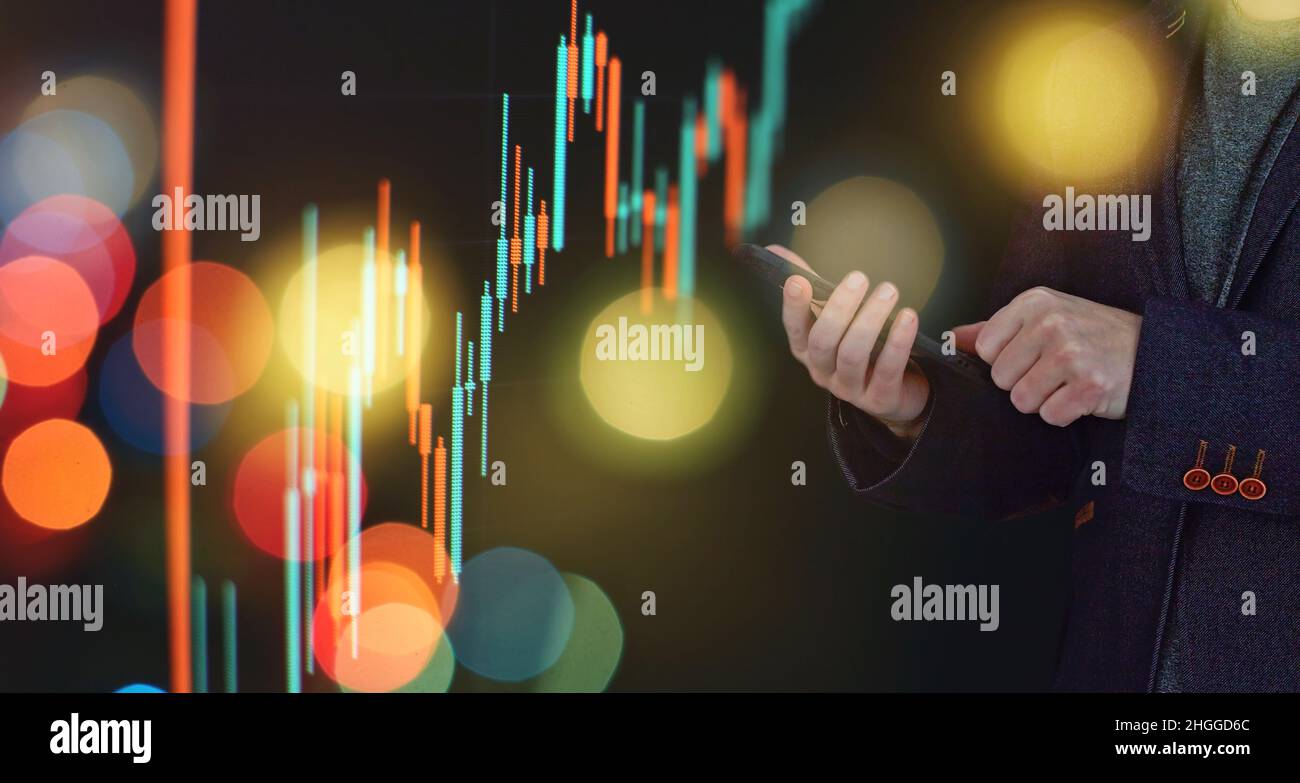 Finance Content marketing.Business Analytics Data Management System concept on dark background. Stock Photo