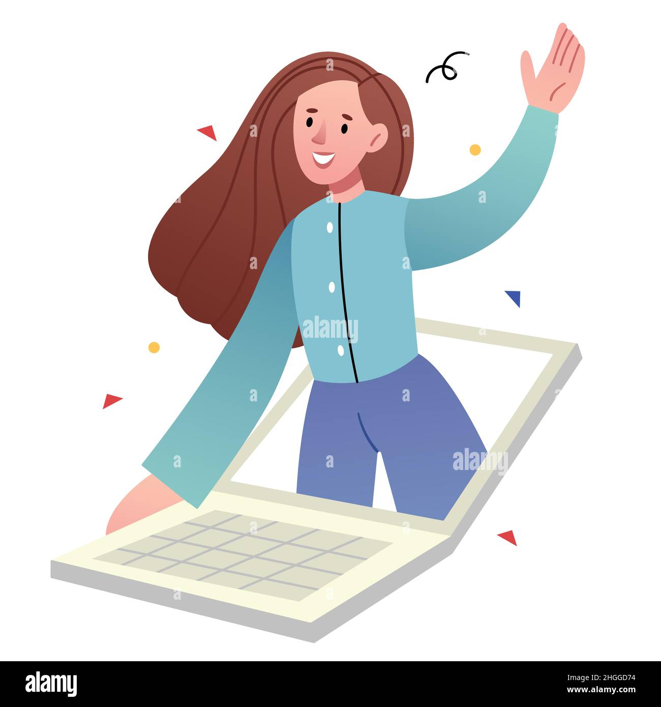 Girl waving hello from laptop.The concept of online learning, or consultation. Stock Vector