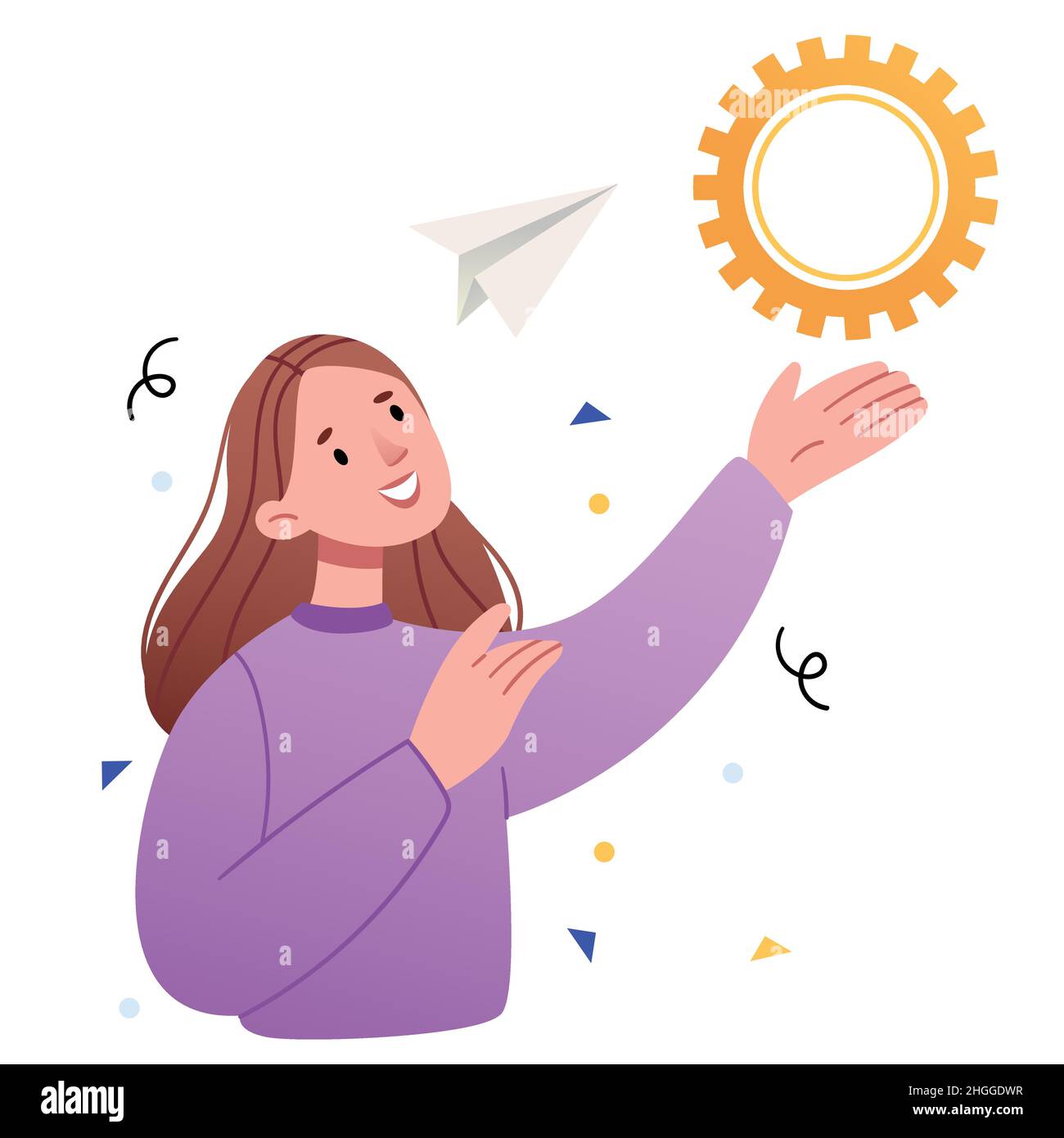 The girl is holding a gear like the sun.The concept of a good idea. Stock Vector