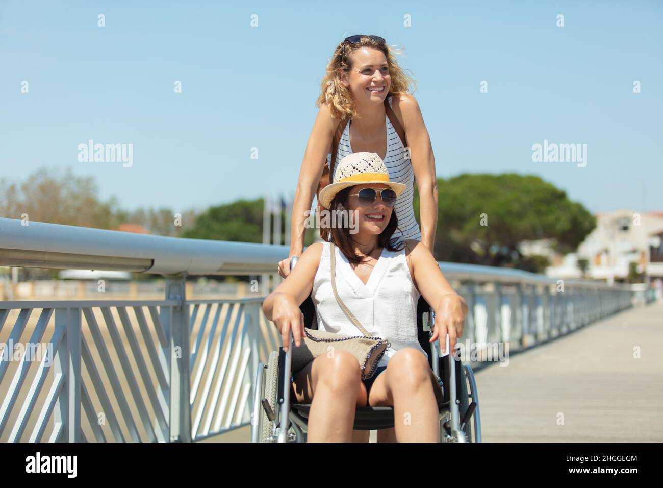 friend and woman in a wheelchair on a pier Stock Photo - Alamy