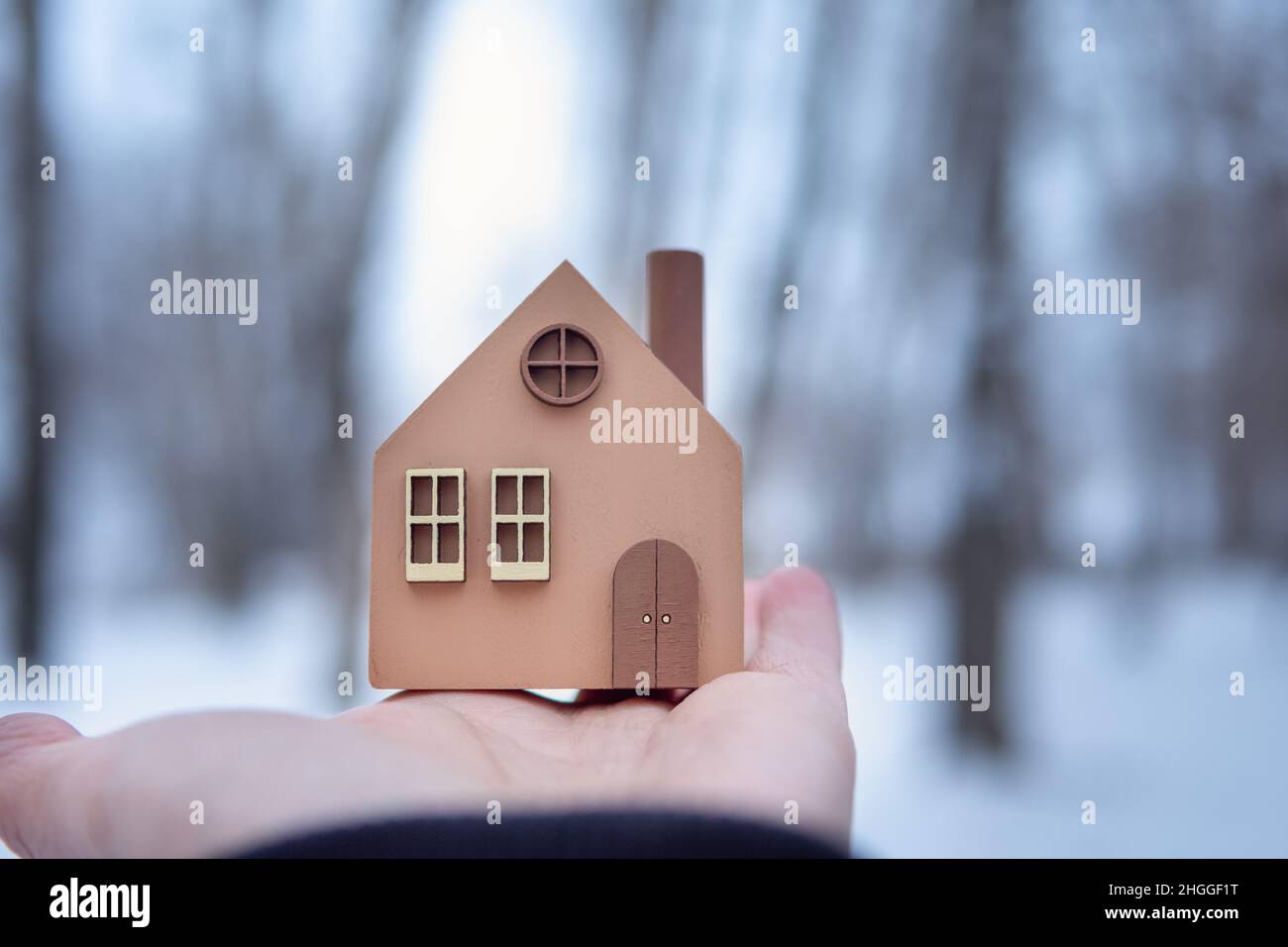 A model of an eco-friendly wooden house in the hands on a winter background. The concept of buying a country house, real estate mortgage Stock Photo