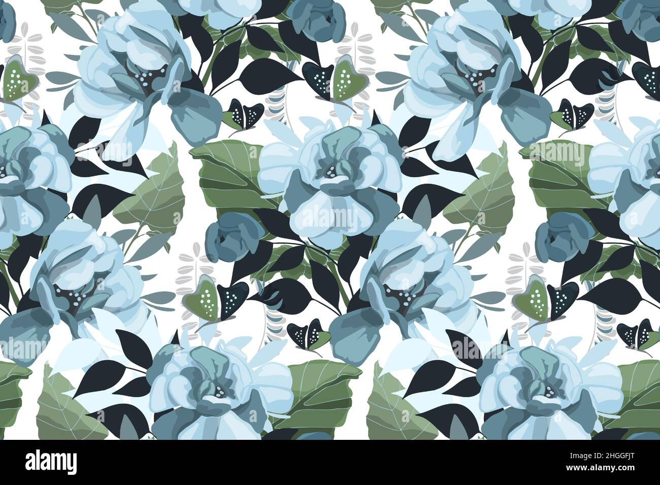Vector floral seamless pattern. Blue flowers with green leaves and ...