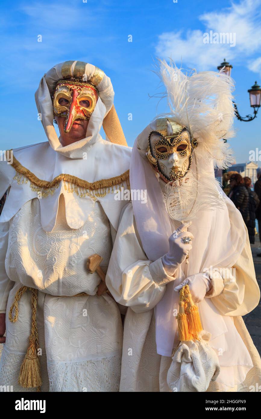 Man and woman in  Venetian fancy dress historic costume at Venice Carnival, Carnevale di Venezia, Italy Stock Photo