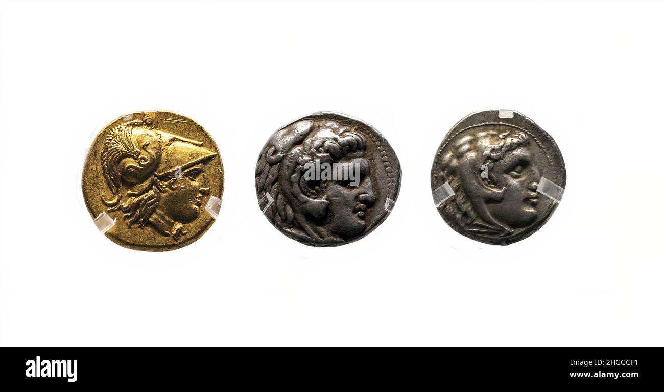 Ancient Golden And Silver coins of Alexander The Great. 336-323 BCE. Stock Photo