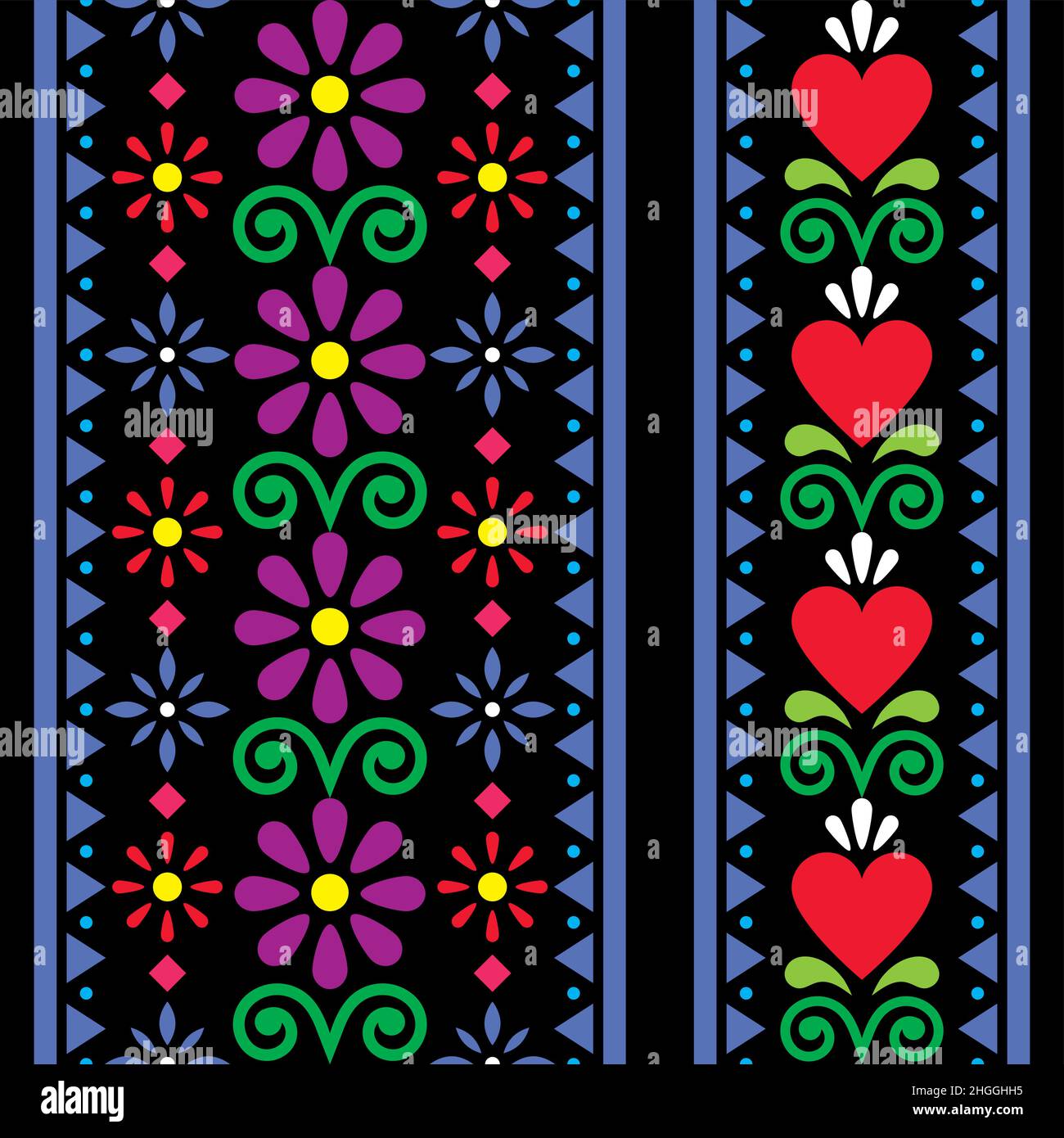 Mexican folk art vector two seamless pattern with flowers and hearts ...