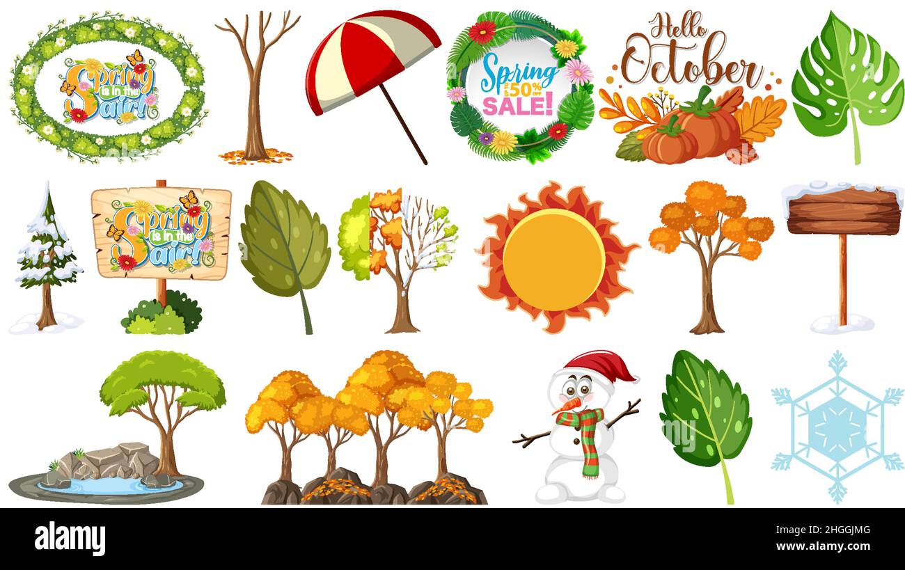 Set of four seasons trees and nature objects illustration Stock Vector ...