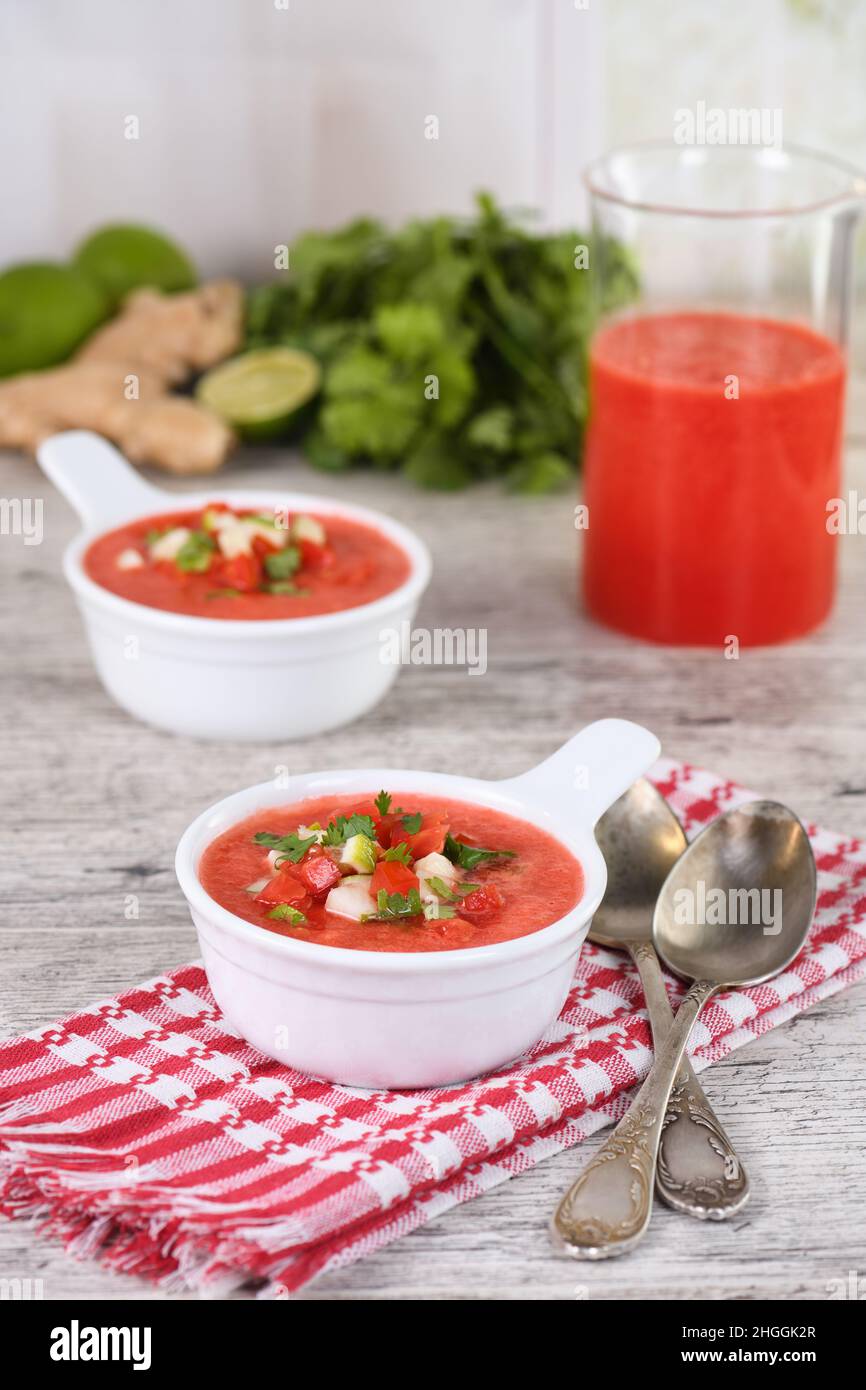 Watermelon tomato gazpacho in bowls. Traditional Spanish cold soup