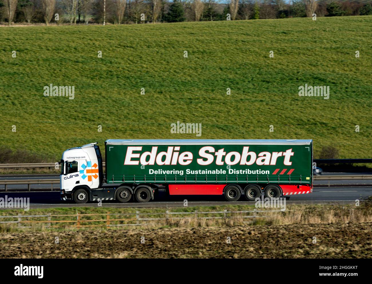 Culina cab pulling Eddie Stobart lorry on the M40 motorway, Warwickshire, UK Stock Photo