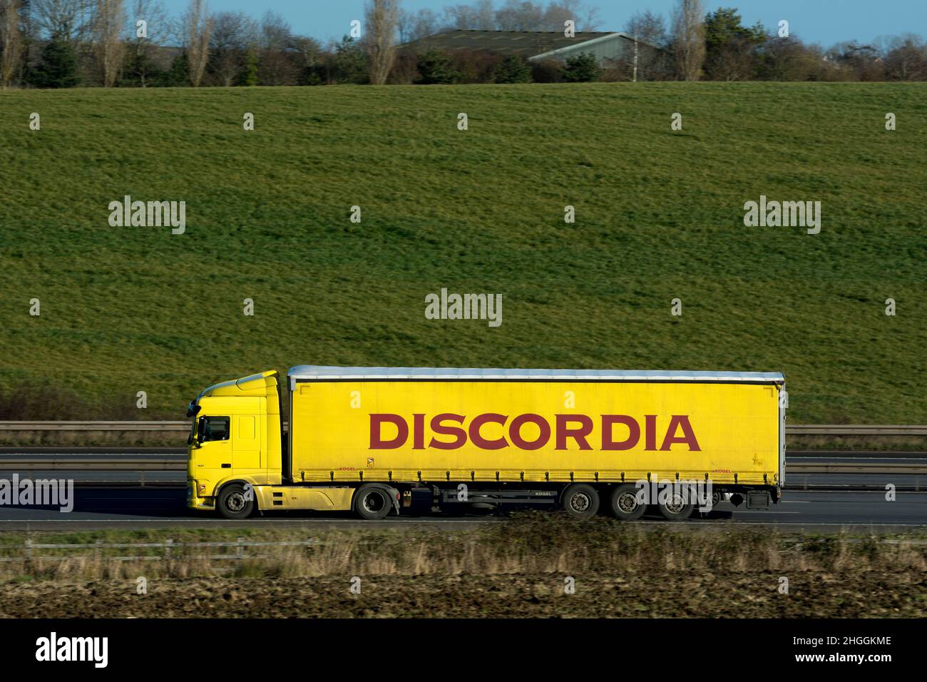 Discordia lorry on the M40 motorway, Warwickshire, UK Stock Photo