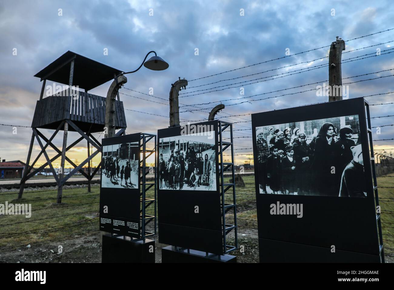 Historical pictures are seen at the former Nazi-German Auschwitz II-Birkenau concentration and extermination camp in Oswiecim, Poland on January 3, 2022. Stock Photo