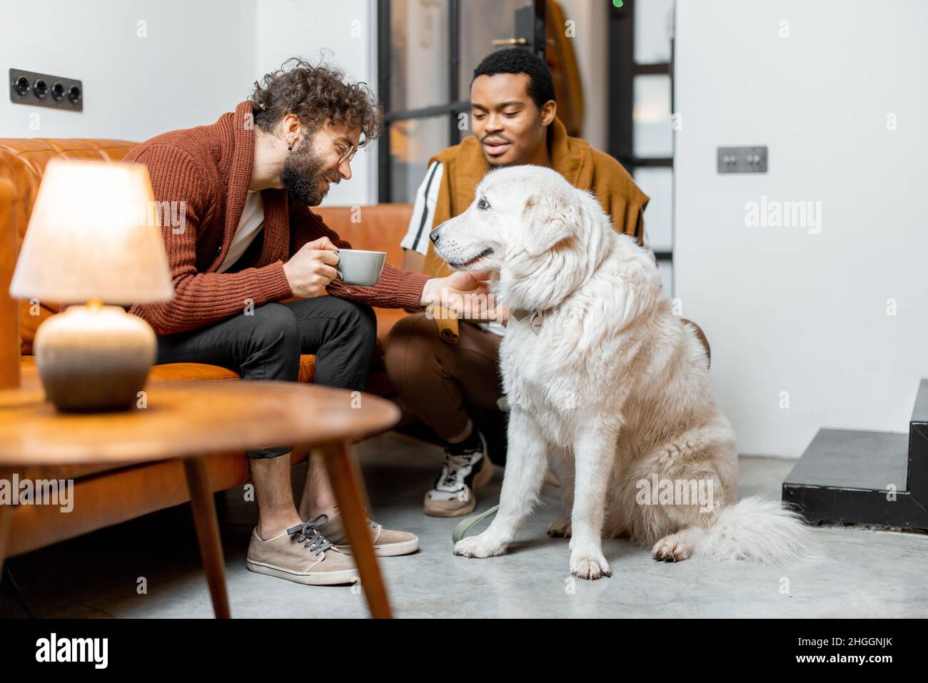 Gay couple having fun with a dog at home Stock Photo