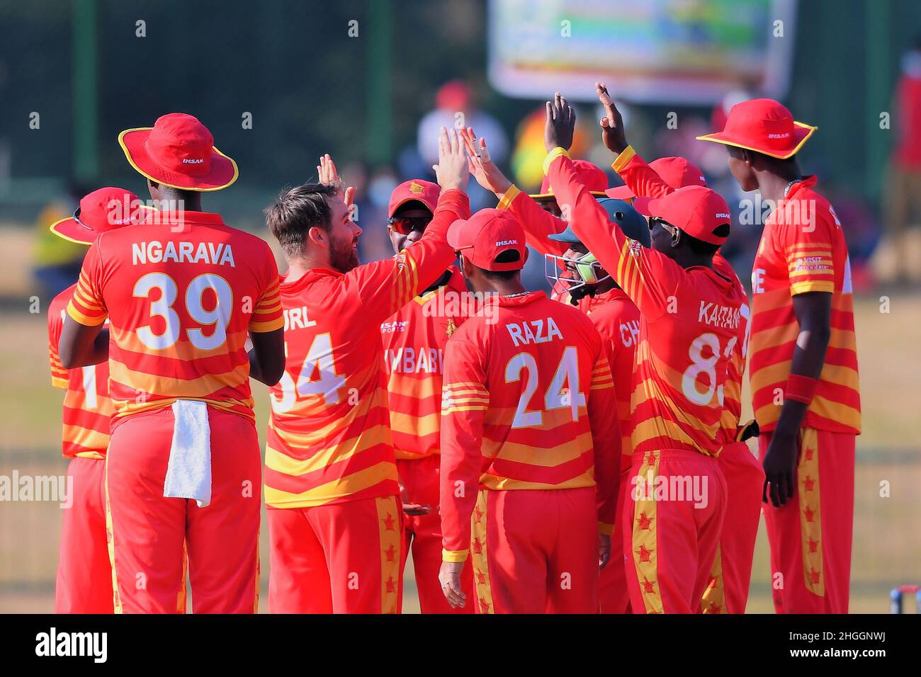 Kandy, Sri Lanka. 21st Jan, 2022. Zimbabwe team celebrates during the third oneday