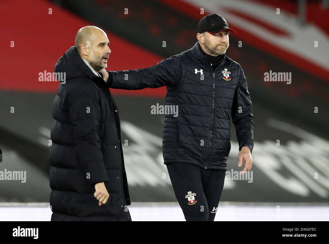 File photo dated 19-12-2020 of Southampton manager Ralph Hasenhuttl and Manchester City manager Pep Guardiola. Southampton manager Ralph Hasenhuttl believes Manchester City already have the Premier League title in the bag ahead of their visit to St Mary's. Issue date: Friday January 21, 2022. Stock Photo