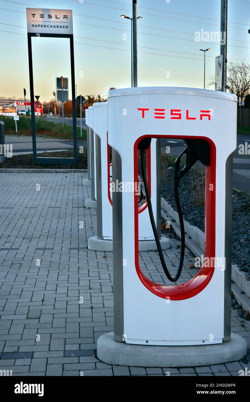 Tesla Supercharger fast charging station, Germany, North Rhine