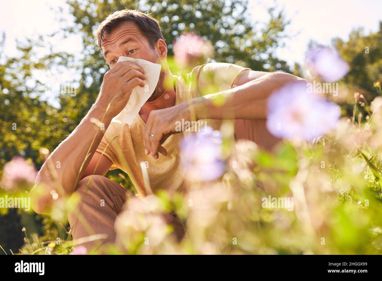 Man with a runny nose sneezing into a handkerchief in a blooming meadow in summer Stock Photo
